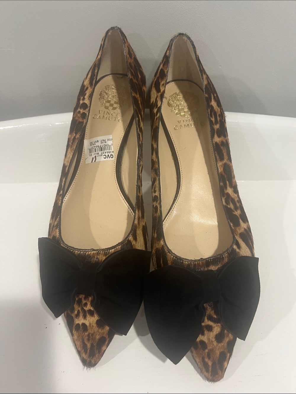 NWT Vince Camuto Leopard-Print Pointed Flats with Black Bow Accent womens 11